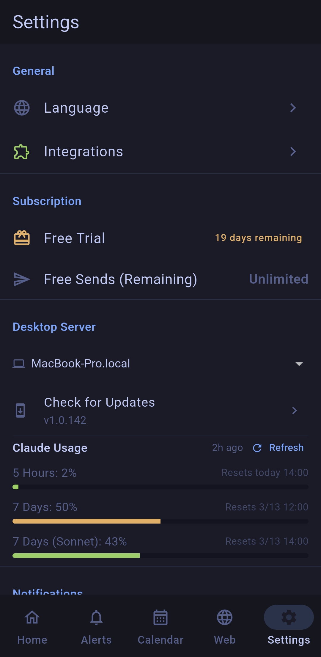 ttapp Settings Screen